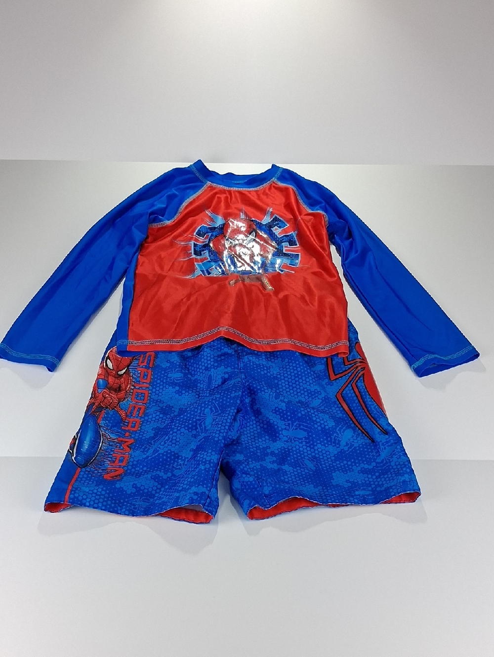 Boys Spider-Man Swim Set Size 7 - Red And Blue Long Sleeve Rash Guard & Shorts